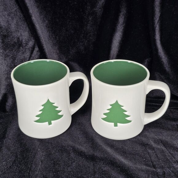 Set Of 2 STARBUCKS 2008 Ceramic Coffee Mug Cup WHITE, Green Xmas tree 12oz - Picture 1 of 6